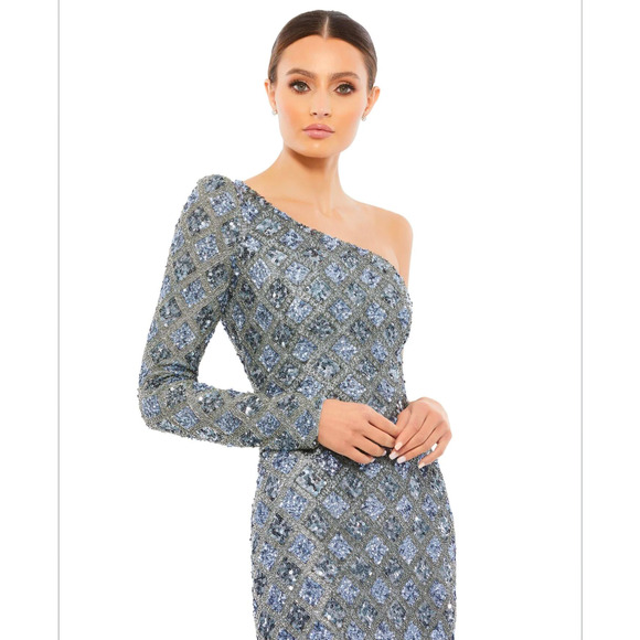 NWT Mac Duggal 5479 Blue Grey One Sleeve Sequin Maxi Dress Gown 8 - Picture 2 of 5